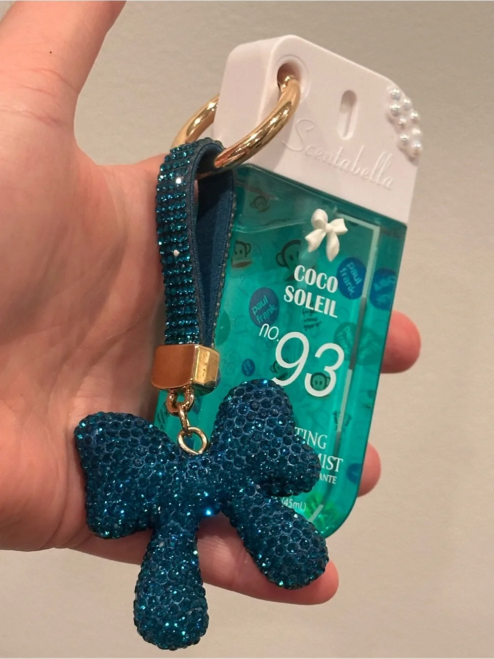 Paul Frank Coco Soleil 93 Handmade Rhinestone Bow Bag Charm Mist Pearl Bow Luxe